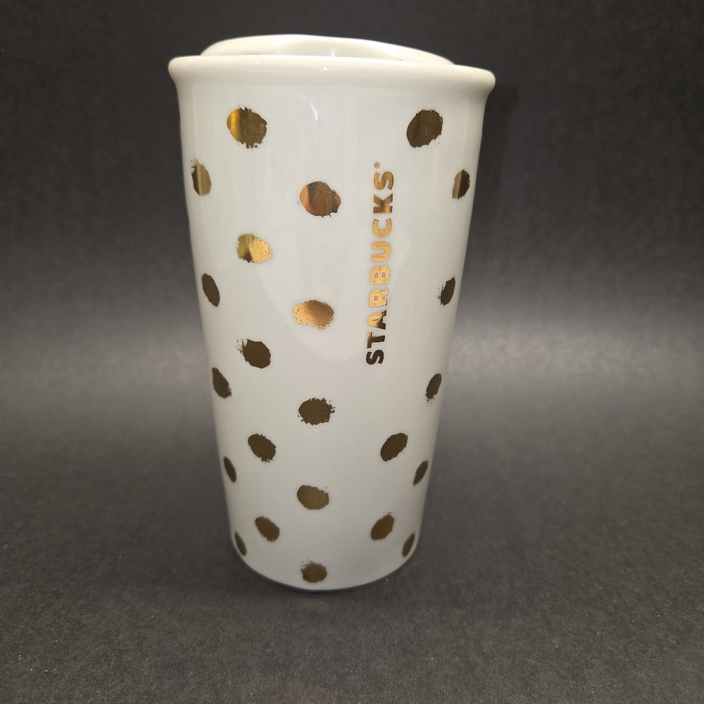Starbucks Dot Collection 2014 Ceramic Coffee Travel Mug And Lid White Gold 10oz